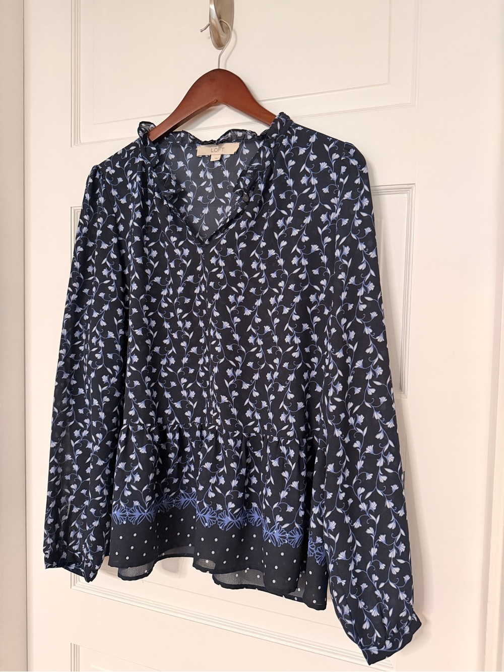 LOFT Navy and Light Blue Floral V-Neck Long Sleeve Blouse